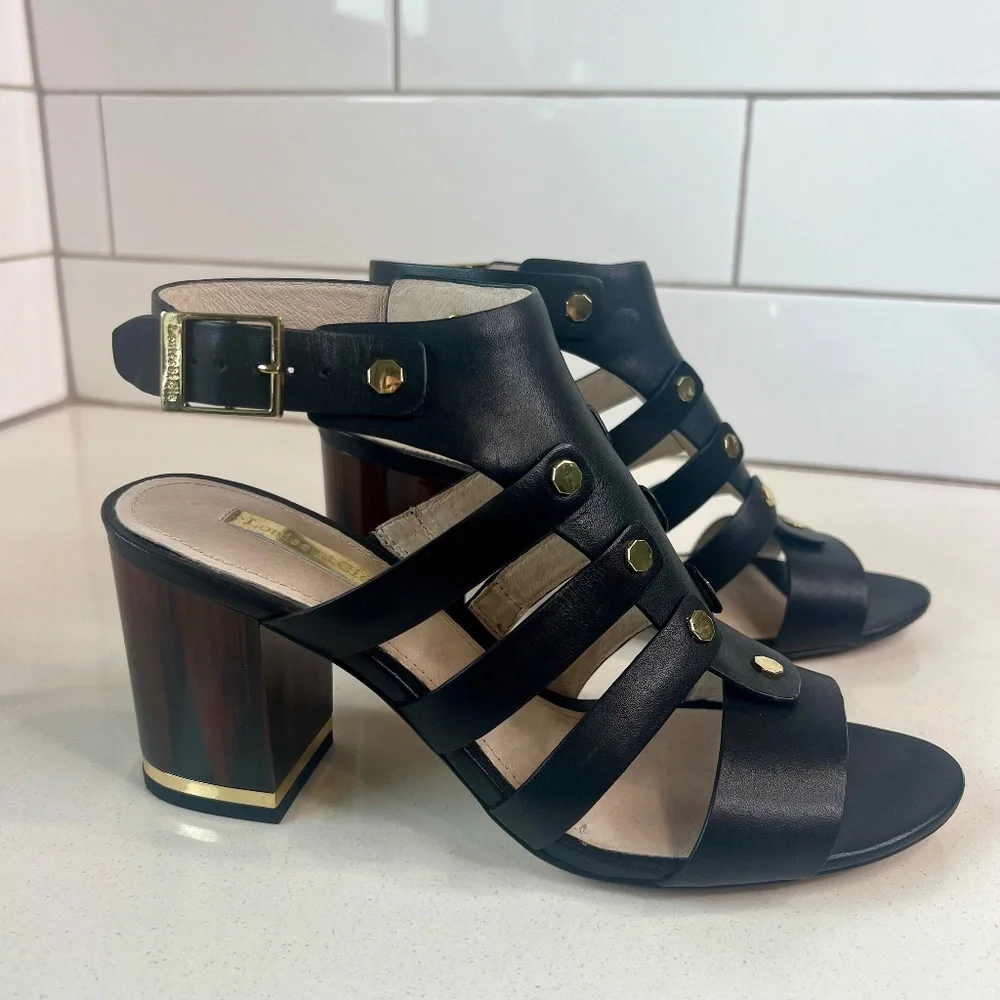 Louise et Cie Lo-Vira black leather sandals, tortoise color block heel - Picture 2 of 15